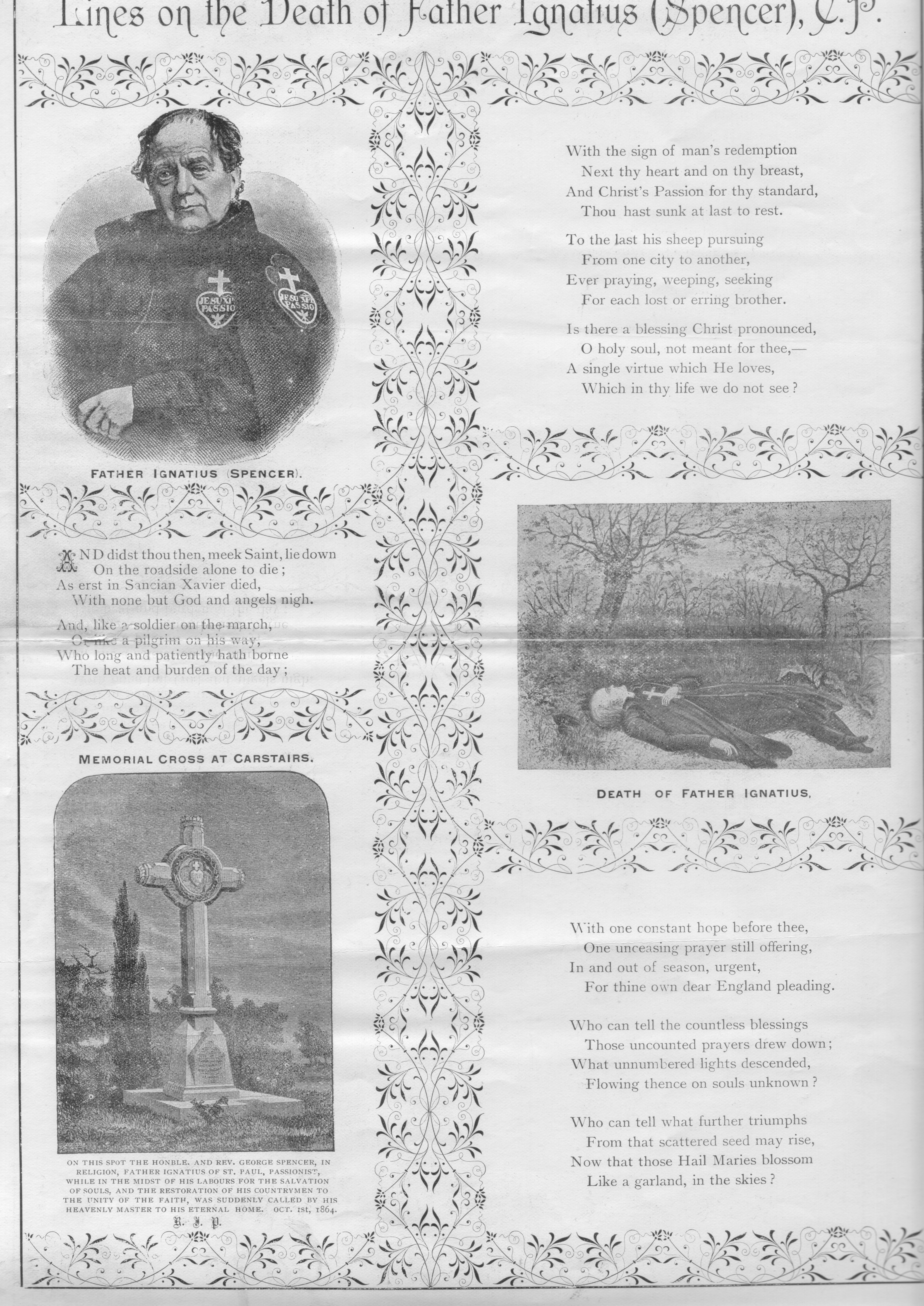 Memorial sheet published after the death of Father Ignatius Spencer at Carstairs, 1864